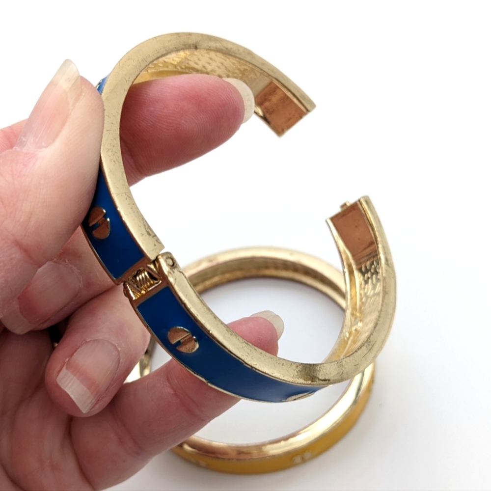 Hinged Bracelets Blue & Yellow Enamel Gold Tone - Picture 5 of 7
